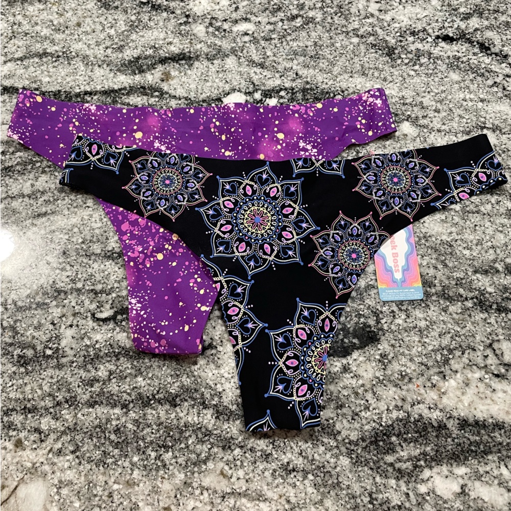 Set of 2 Cheek Boss Thongs in Rainbow Mandala & Purple Voltage, size Large
